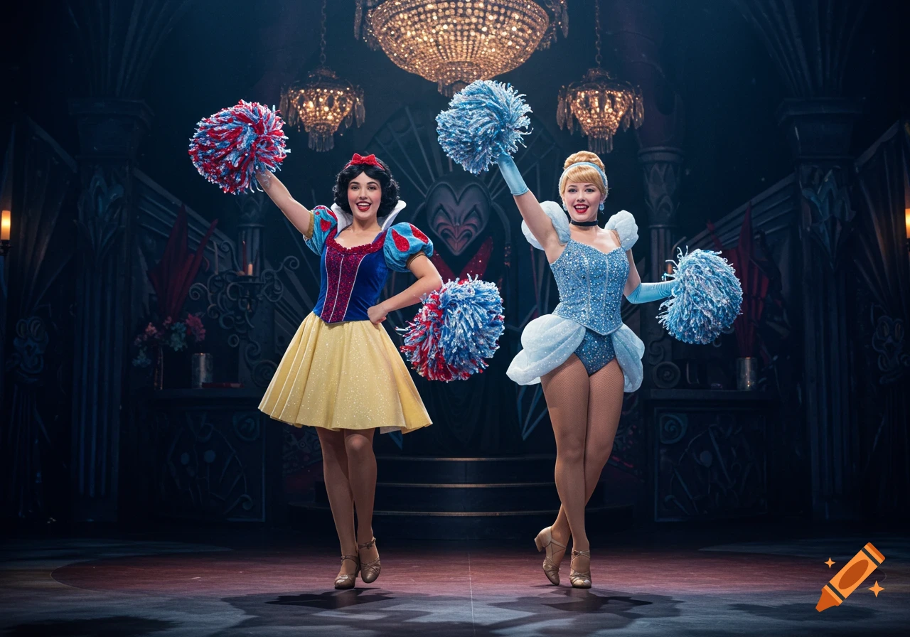 Two women dressed as Snow White and Cinderella in cheerleading outfits with poms on a stage.