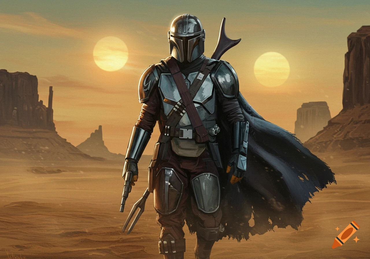 An illustration of The Mandalorian standing in a desert landscape with two suns, holding a rifle and a fork-like weapon.