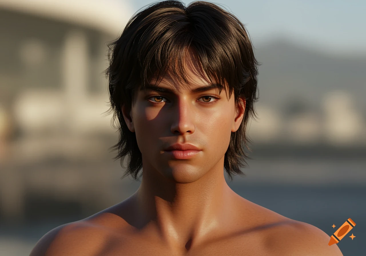 Close-up photorealistic portrait of a young man with dark, messy hair and tanned skin, shirtless.