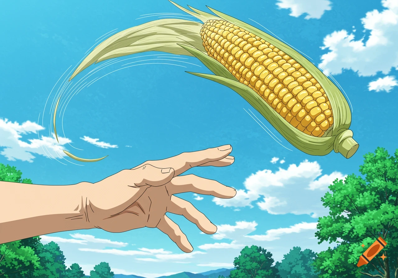 An anime-style illustration of a hand reaching for a large, flying corn on the cob against a bright blue sky.