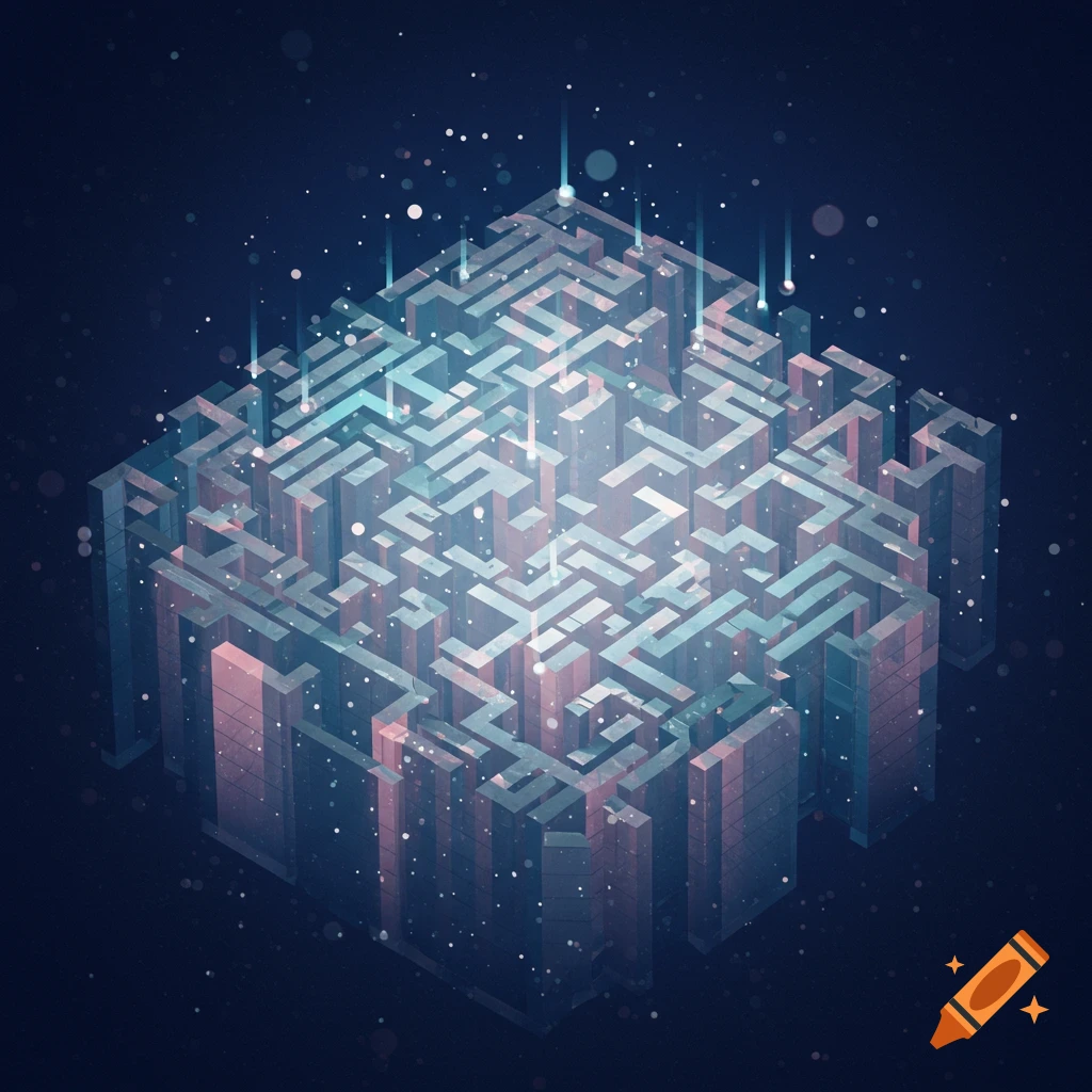 Abstract glowing blue and pink 3D maze cube with light beams and particles on a dark background.
