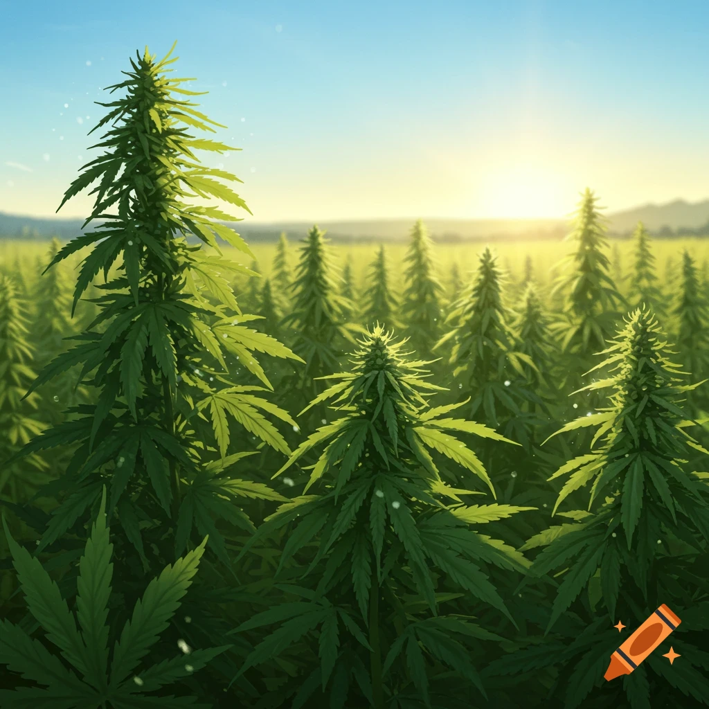 A vibrant green field of tall hemp plants with buds under a bright sunny sky.