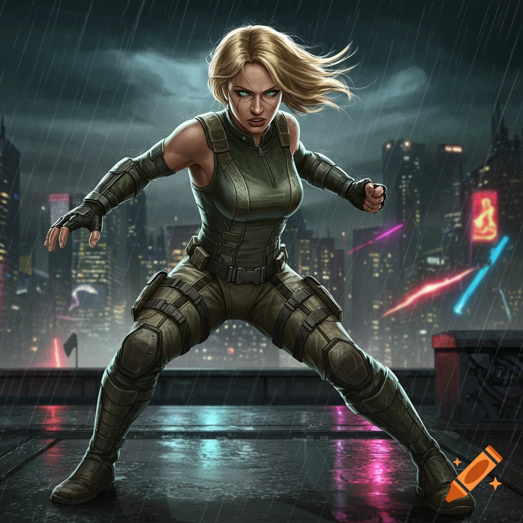 A blonde female character in tactical gear stands in a fighting stance on a rainy rooftop overlooking a neon-lit futuristic city, stylized illustration.