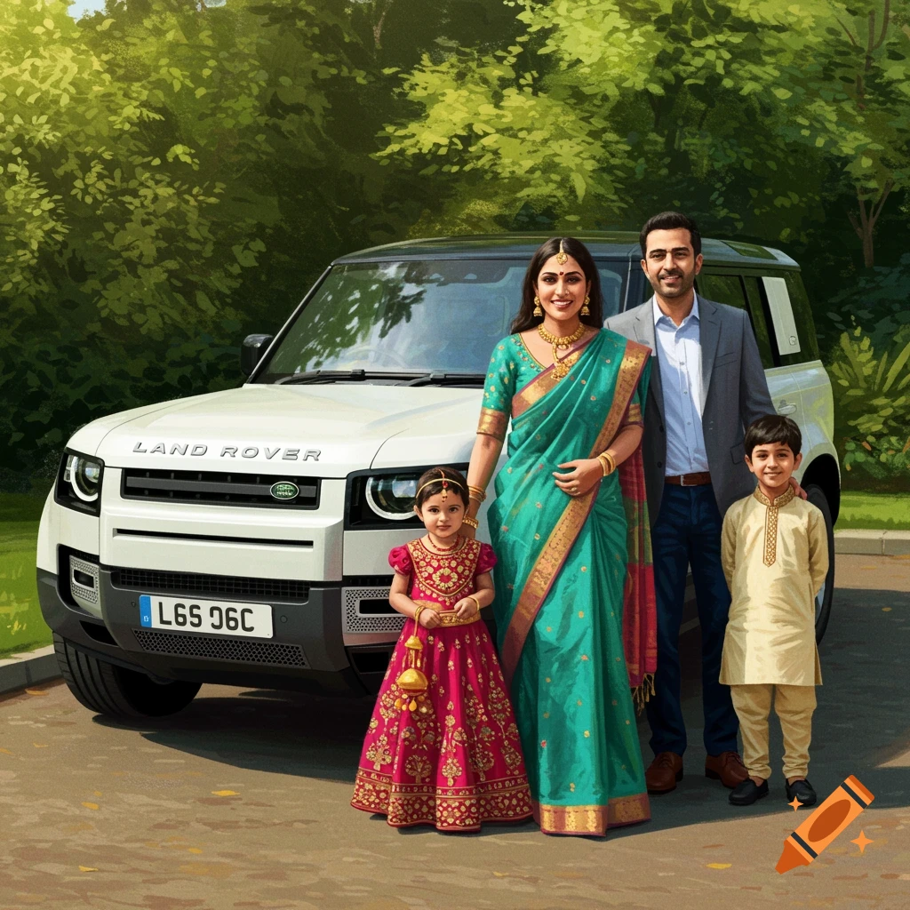 A family in traditional Indian attire, parents, daughter, and son, standing in front of a white Land Rover Defender SUV outdoors.