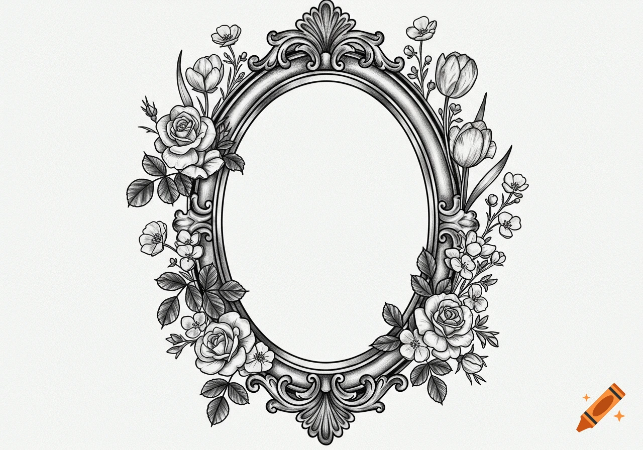 Black and white detailed sketch of an ornate oval frame surrounded by roses, tulips, and other flowers and leaves.