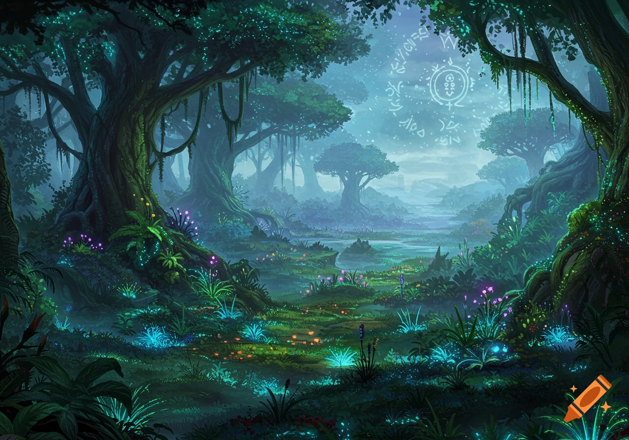 A lush, mystical fantasy forest at dusk with bioluminescent flora, ancient gnarled trees, and glowing ethereal symbols in the sky.