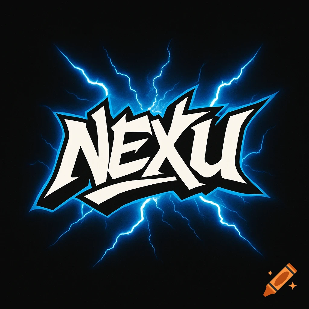 White 'NEXU' text in a stylized hip-hop font with blue lightning bolts on a black background.