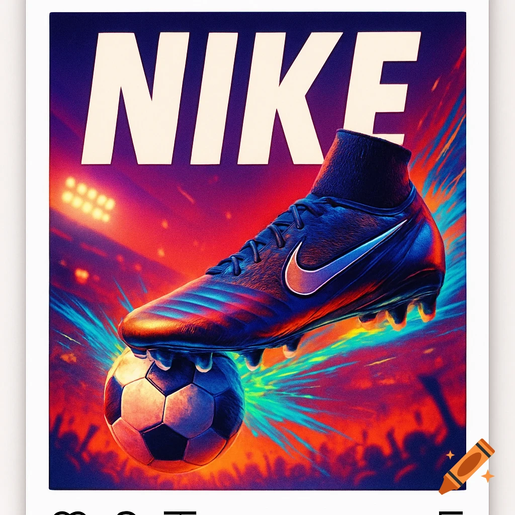 A blue and purple Nike soccer cleat on a soccer ball in a vibrant, abstract stadium poster.