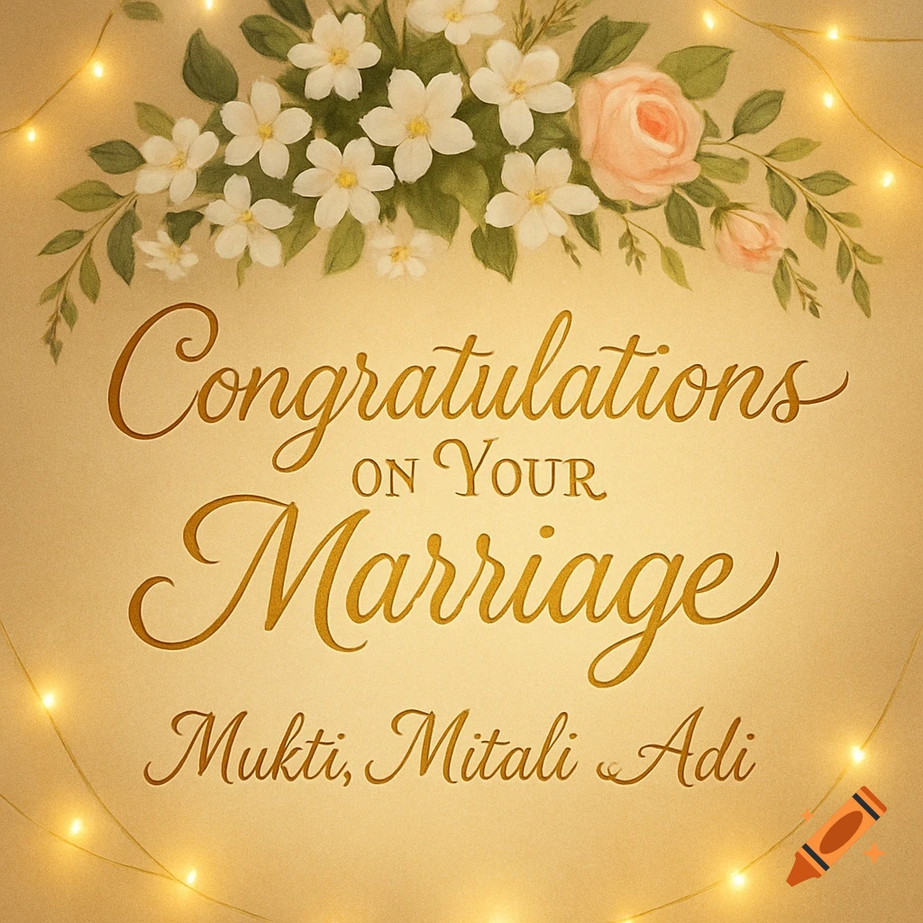 A cream-colored congratulatory card with a bouquet of white and pink flowers, twinkling lights, and the text 'Congratulations On Your Marriage Mukti, Mitali & Adi'.