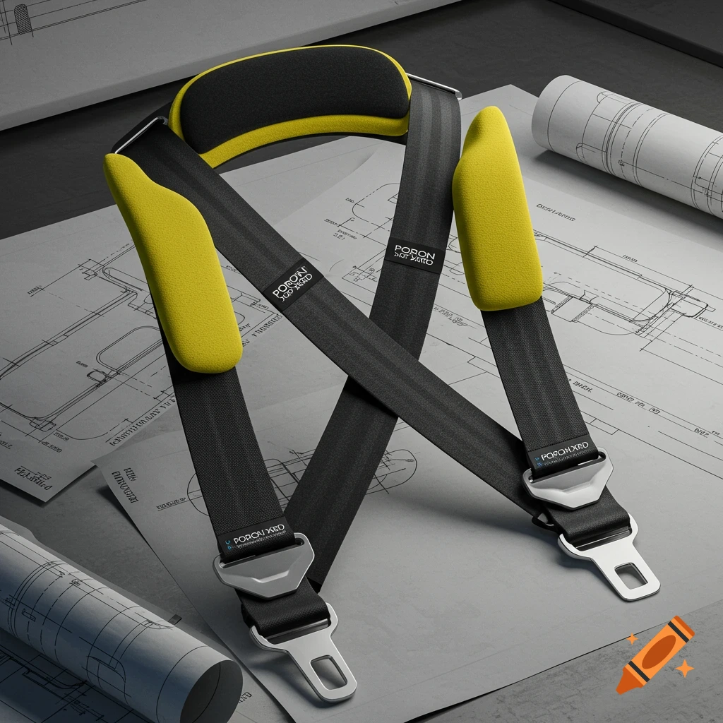 A black seatbelt system with yellow padded straps and metal buckles laid out on blue architectural blueprints.