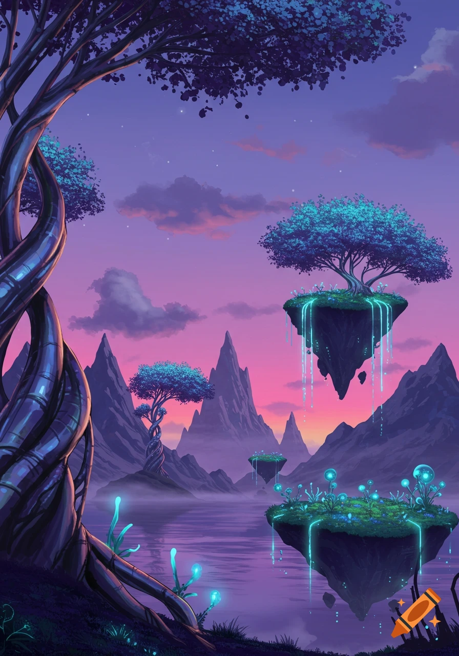 A vibrant fantasy landscape with glowing blue trees on floating islands and twisted purple trees, set against a pink and purple sunset sky.
