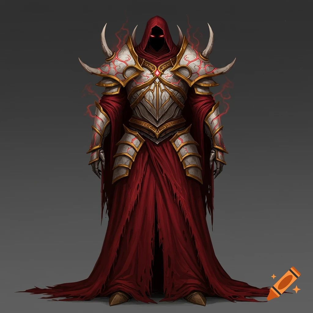 A full-body concept design of a dark fantasy character wearing crimson robes and bone-like armor with glowing red accents. The character's face is obscured by a black void within a hooded cowl.