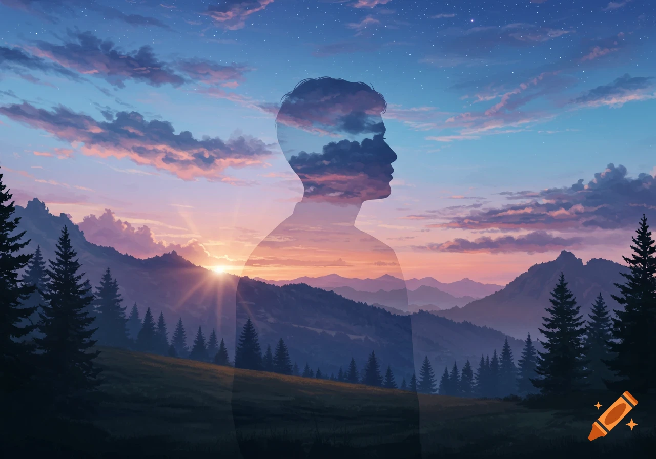 A silhouette of a person filled with a vibrant double exposure landscape of mountains, trees, a sunset, and a starry sky.