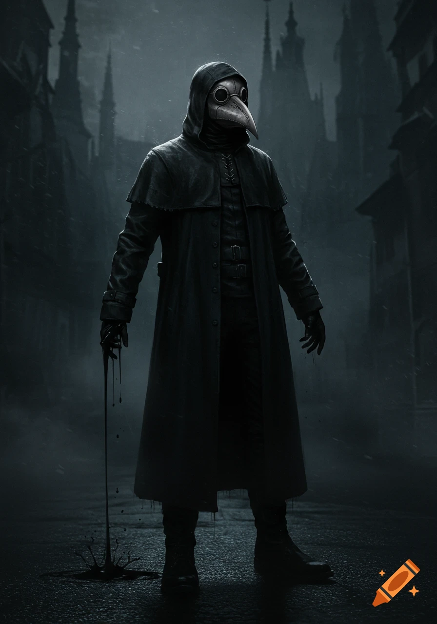 A dark figure in a plague doctor mask and long trench coat stands in a dark, eerie city street, black liquid dripping from their hand.