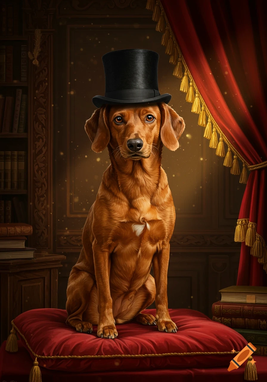 A photorealistic portrait of a brown dog wearing a black top hat, sitting on a red velvet cushion in a dimly lit, elegant room.