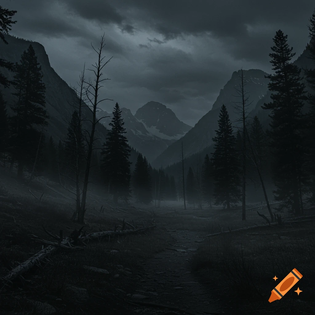 A dark, moody photograph of a forested valley with towering mountains under a cloudy sky.