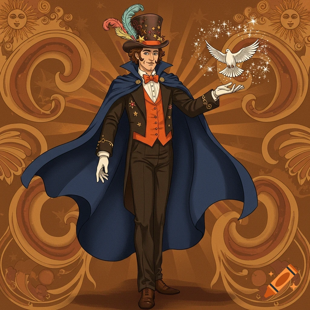 A vintage illustration of a magician in a top hat and cape, holding a white dove that sparkles. Ornate orange background.