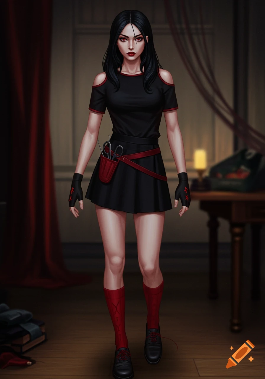 A dark-haired woman with red eyes wears a black and red outfit with a sewing kit, standing in a dimly lit room.