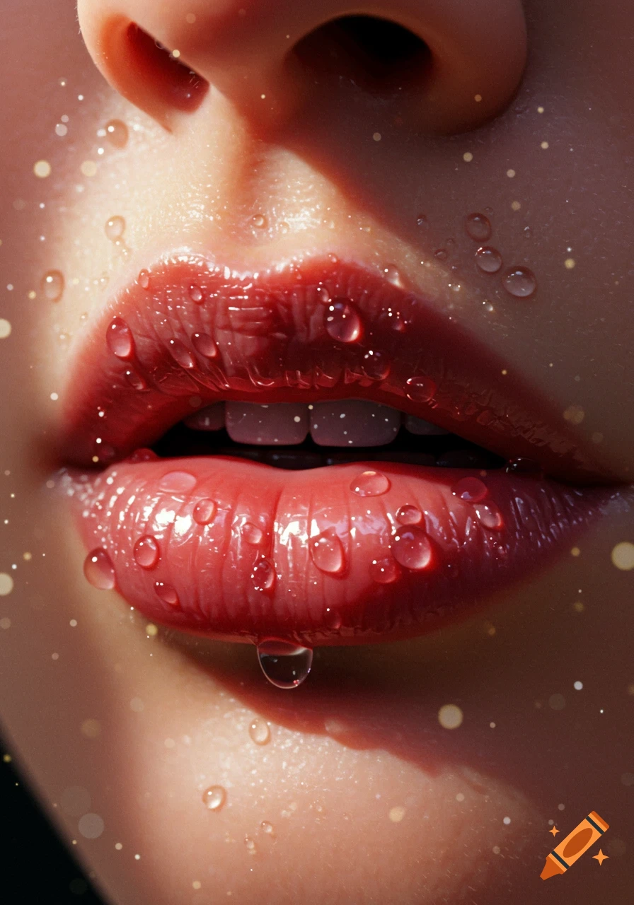Close-up of glossy red lips with water droplets, showing the mouth slightly open and teeth visible. Photorealistic style.