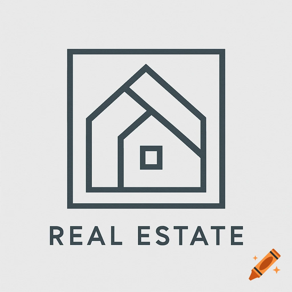 Minimalistic logo for real estate featuring a house outline within a square and the text REAL ESTATE.