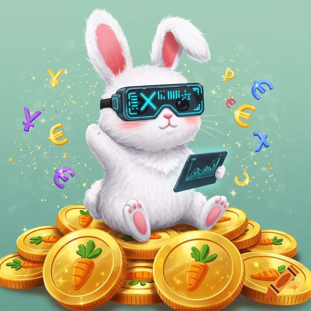 A cute white bunny wearing VR goggles sits on gold coins, holding a tablet, with currency symbols floating around. Digital art.