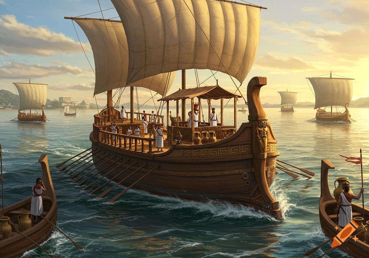 A fleet of ancient Roman or Greek ships with sails and oars navigates a calm sea at sunset, with distant islands.