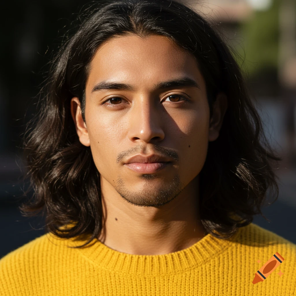 Photorealistic portrait of a man with long dark hair, a mustache, and goatee wearing a yellow sweater, looking directly at the viewer.