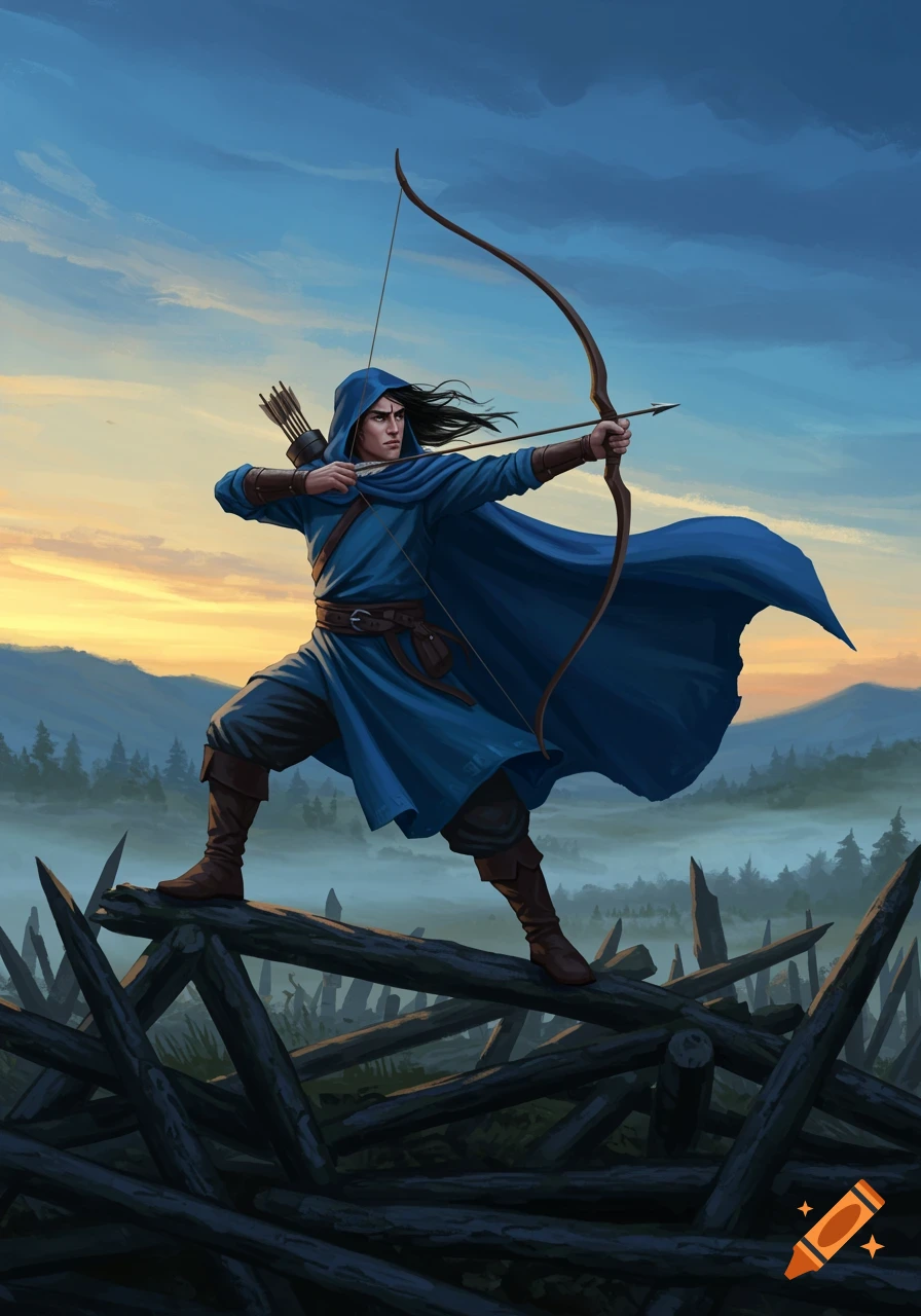 An archer in a blue cloak with a bow drawn, standing on a jagged log wall at sunset.