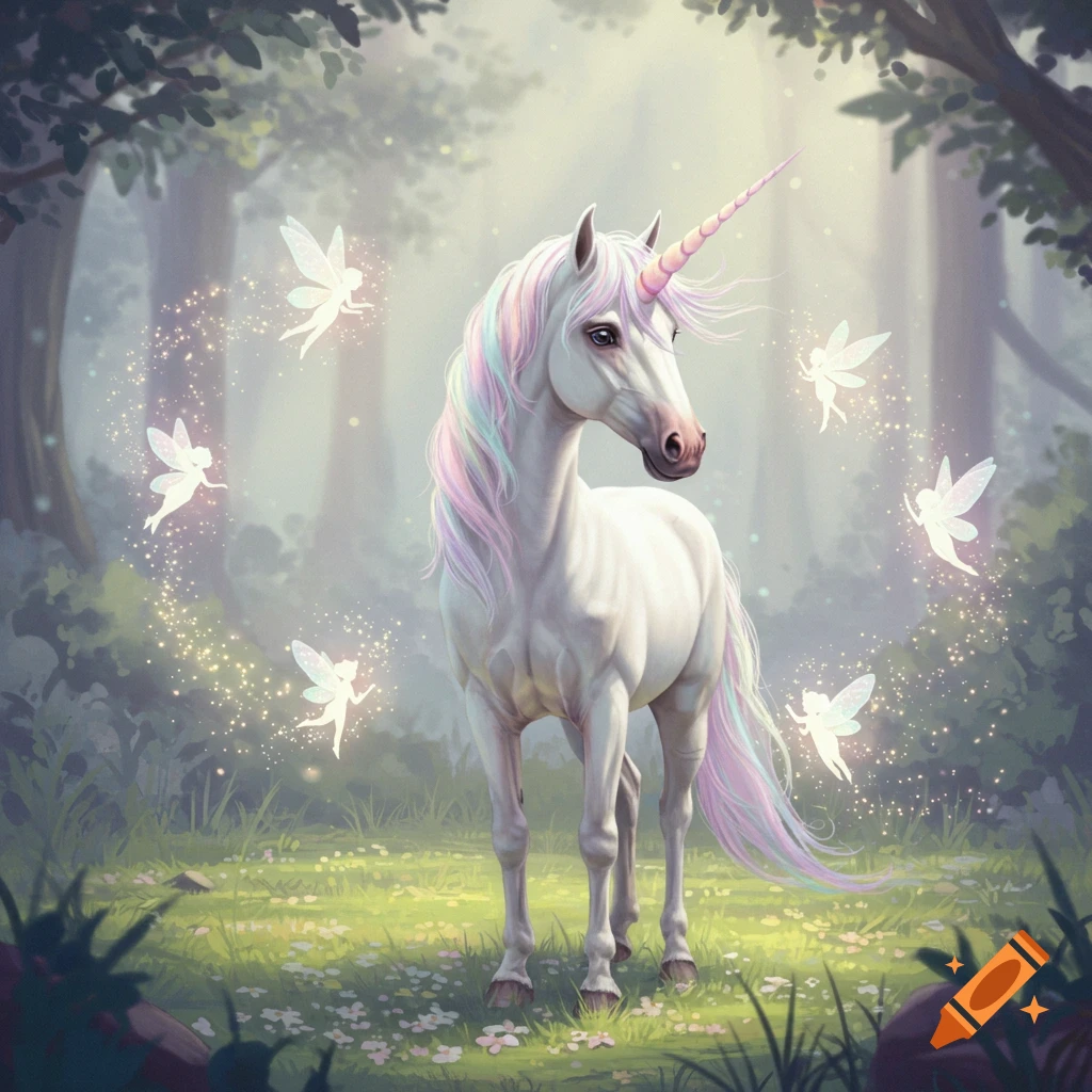 A majestic white unicorn with a pastel mane and iridescent horn stands in a magical forest, surrounded by glowing fairies.