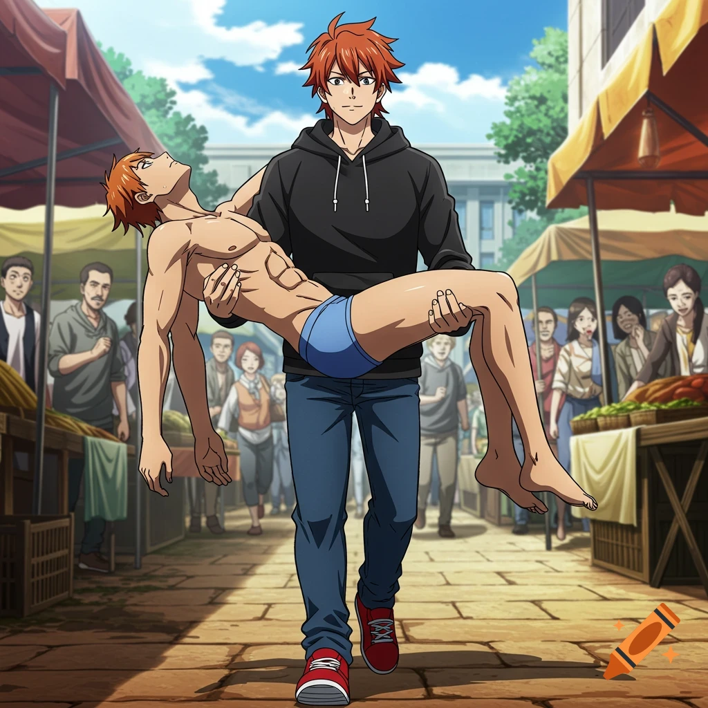 A ginger-haired anime man in a black hoodie carries an unconscious muscular man in blue briefs through a busy market.