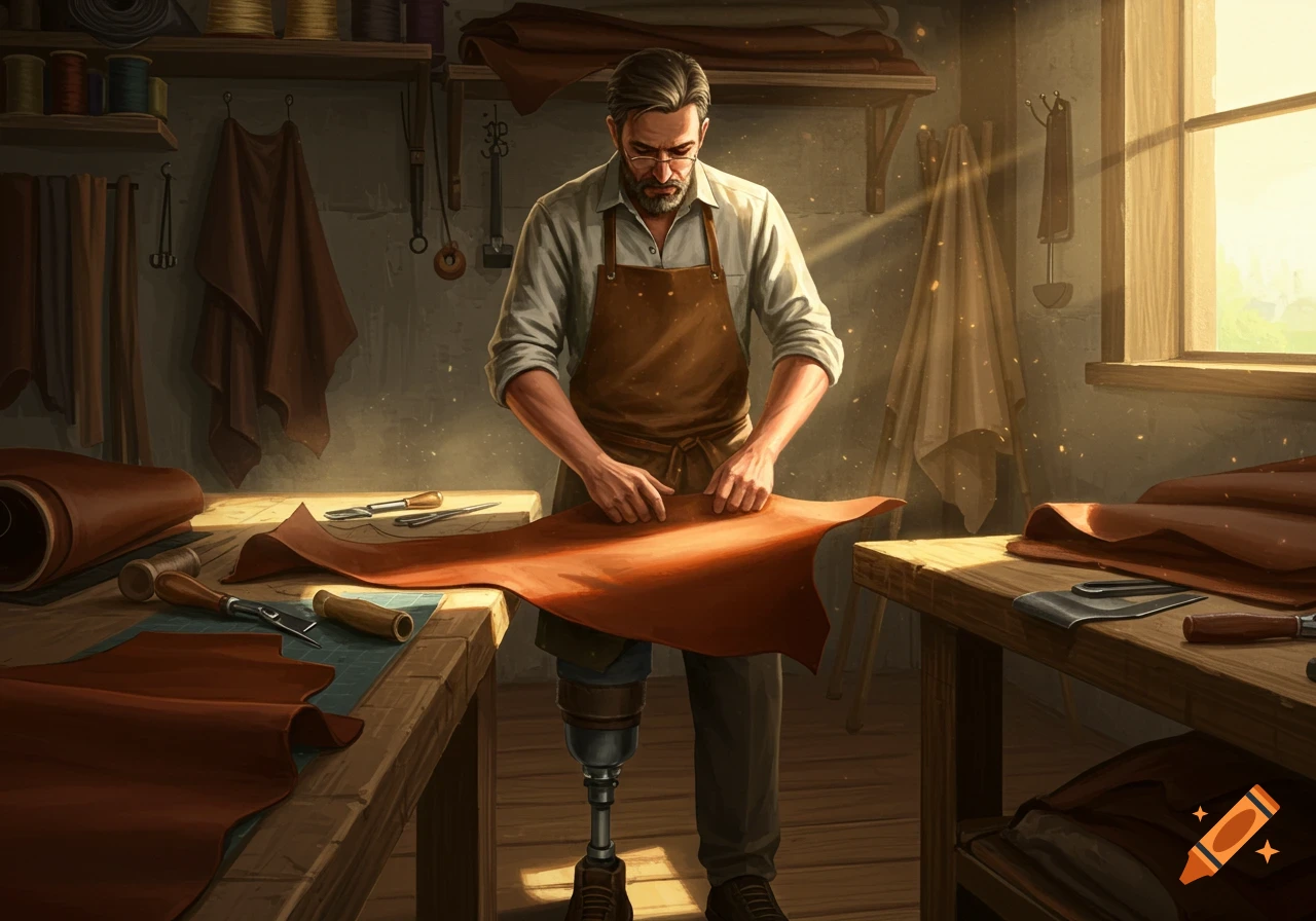 A man with a prosthetic leg works on a piece of leather in a sunlit workshop, surrounded by tools and rolls of material.