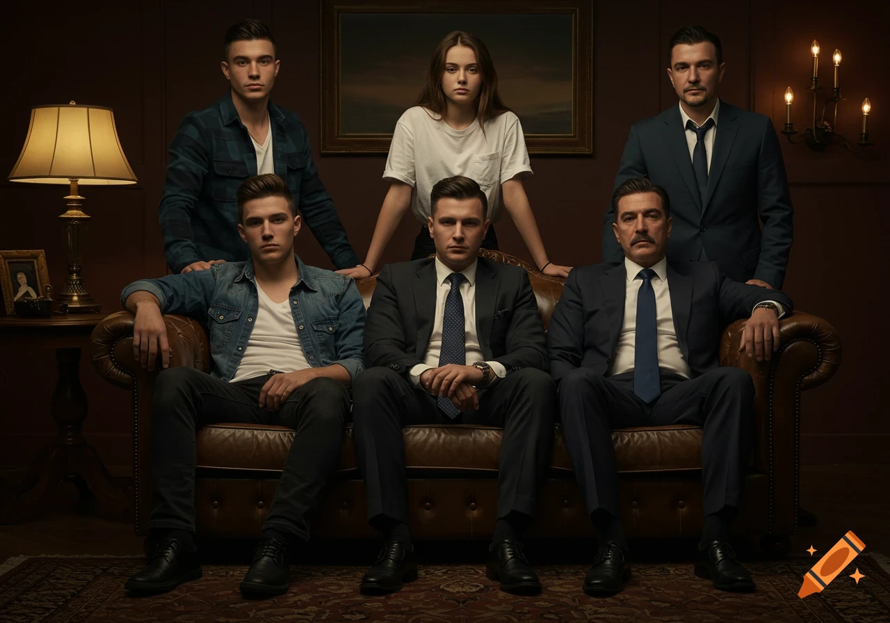 A photorealistic portrait of a family, with three men seated on a leather couch and three individuals standing behind them in a dimly lit room.