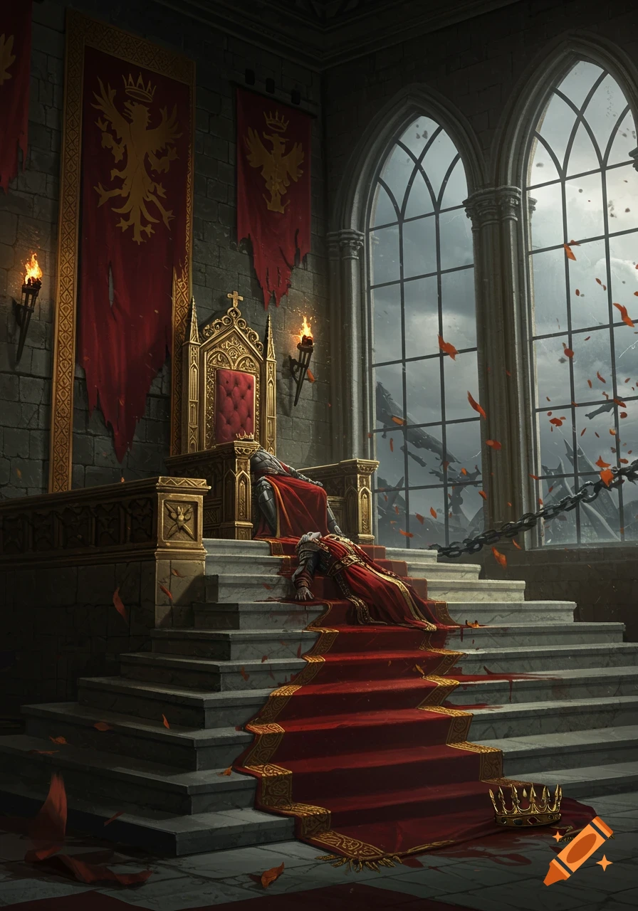 A dramatic scene in a dark, medieval throne room with a fallen knight in armor on the steps, an overturned crown, and torn banners.