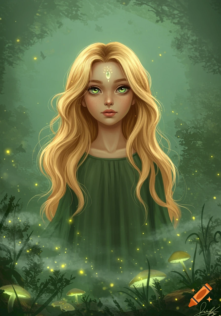 A captivating digital painting of an otherworldly girl with long blonde hair and luminous green eyes in a mystical, glowing forest.