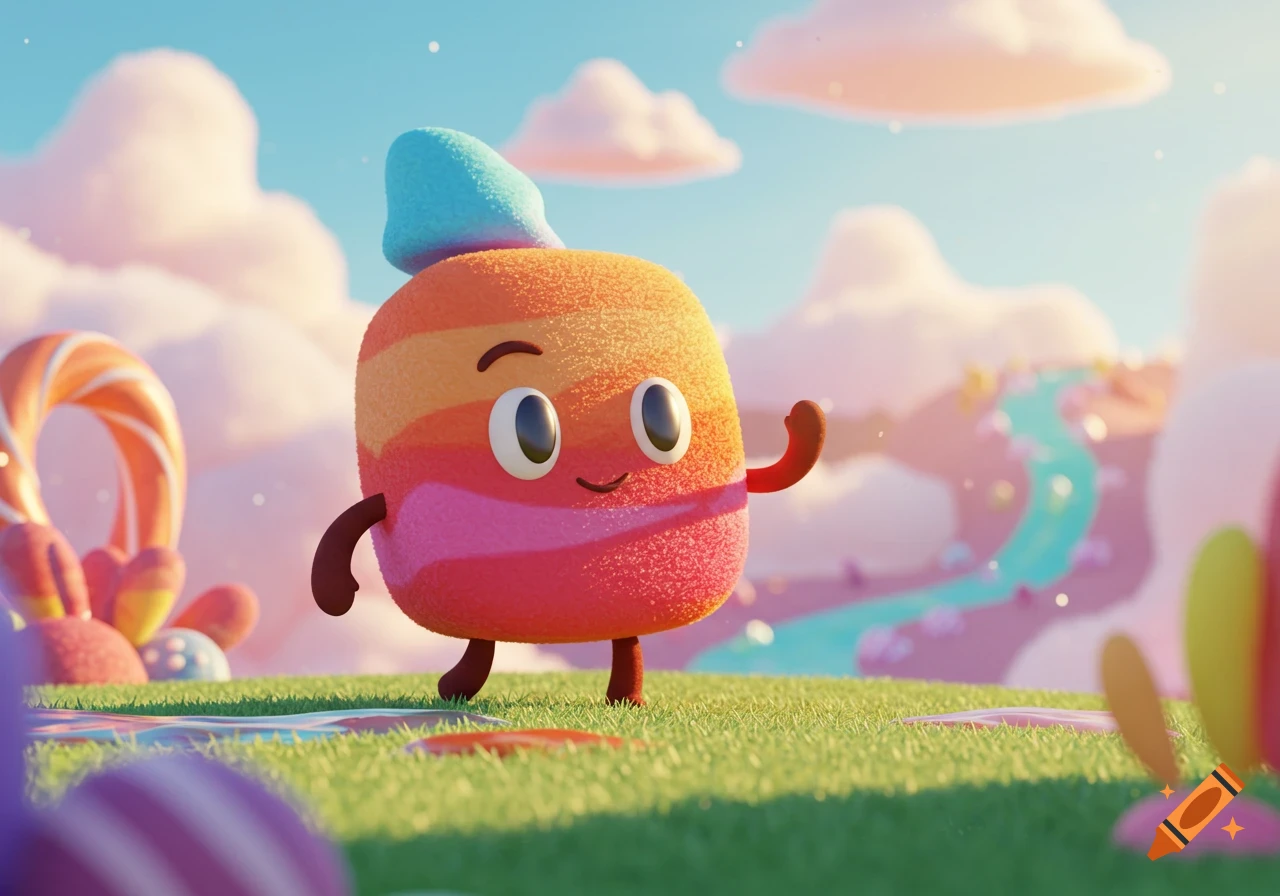 A cute, colorful, squishy cartoon character waves in a vibrant candy land with pink clouds and a blue river.