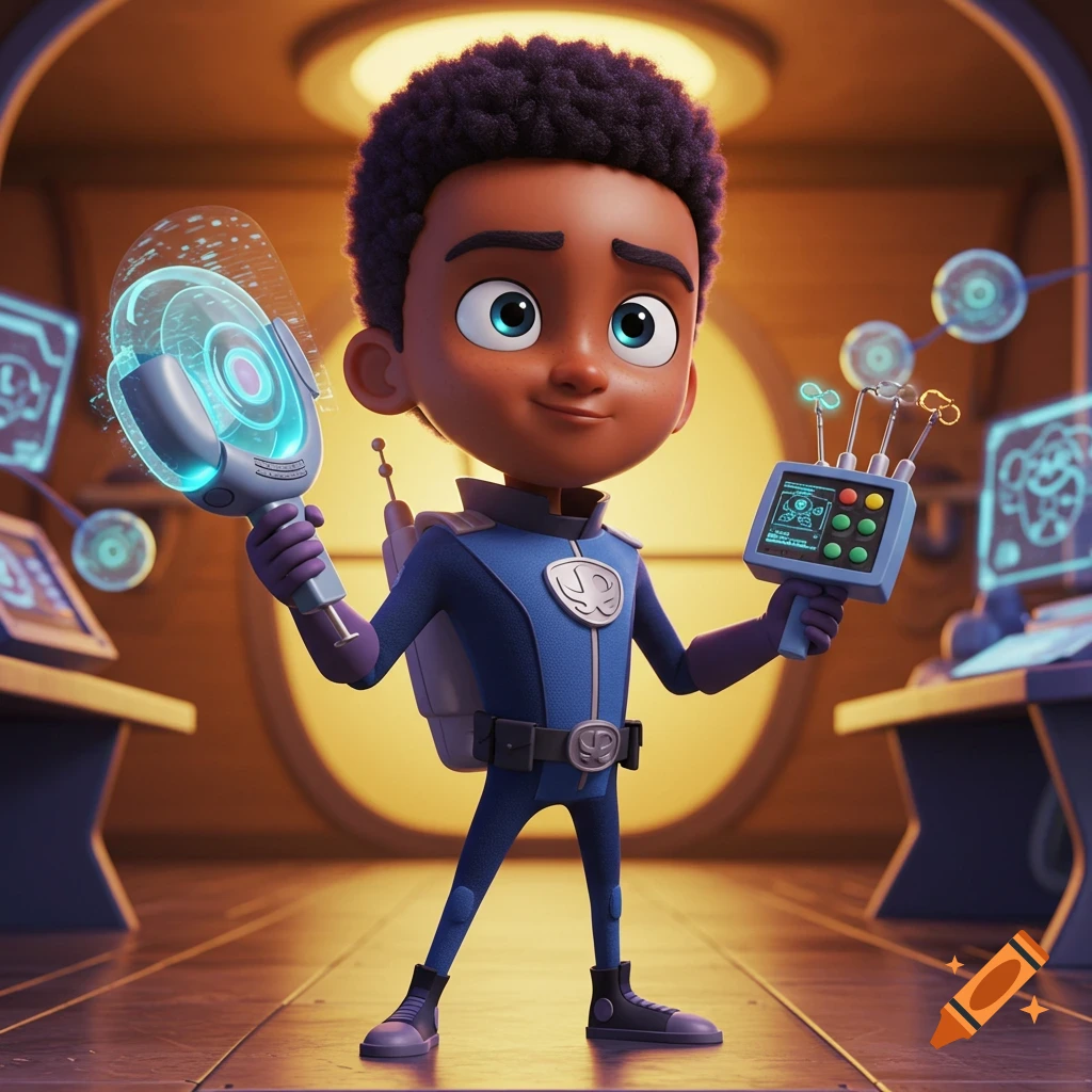 A smiling cartoon boy with afro hair in a blue uniform holds a glowing sci-fi device and a multi-button control panel.