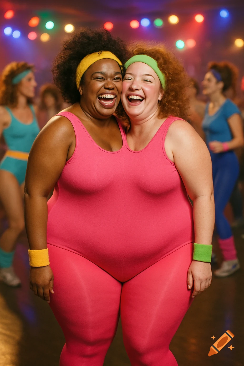 Two laughing women, seemingly merged into one body, wearing pink 1980s aerobics attire at a party with festive lights.