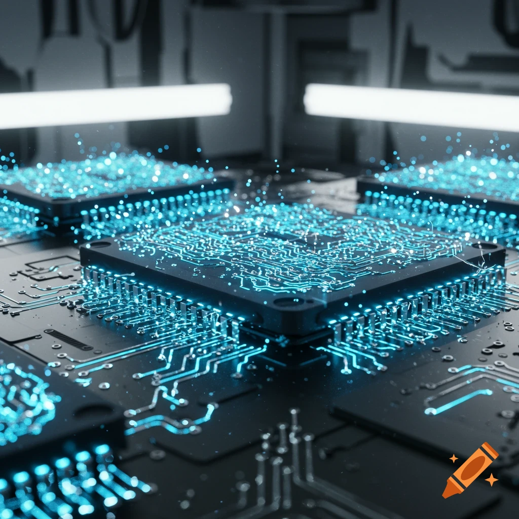Close-up of futuristic computer chips with glowing blue circuitry on a dark board.