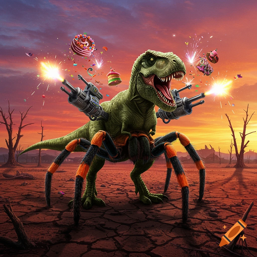 A green T-Rex with tarantula legs holds machine guns shooting cakes and sprinkles in a desolate, cracked desert under an orange sky.