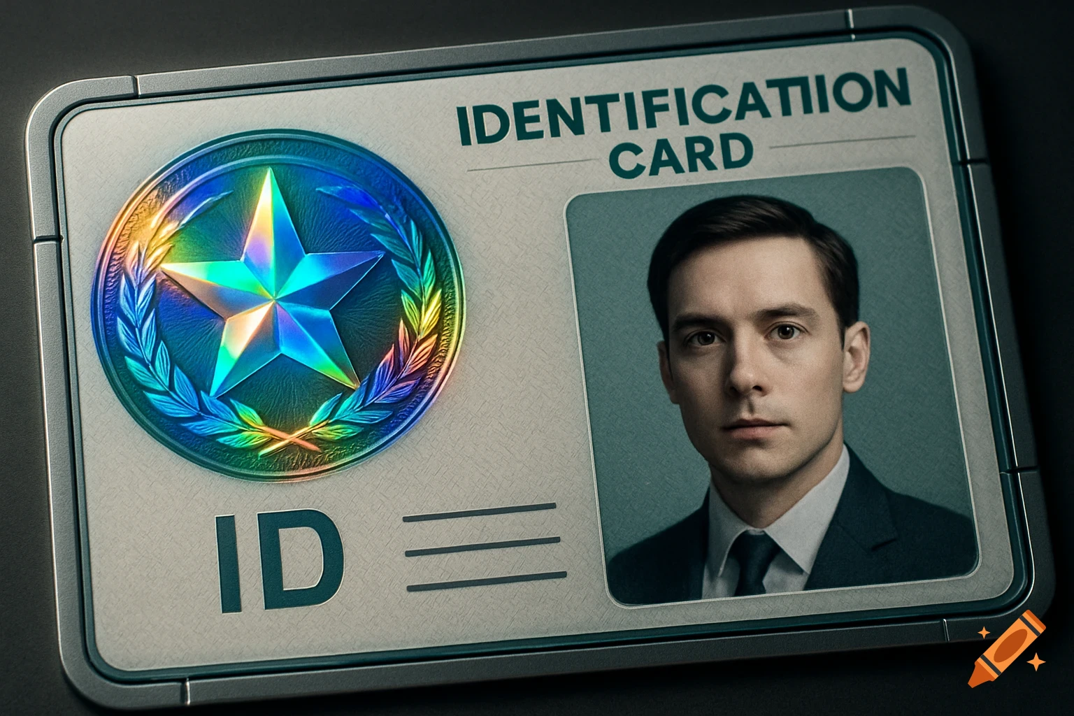 Photorealistic close-up of a holographic identification card with a man's portrait.