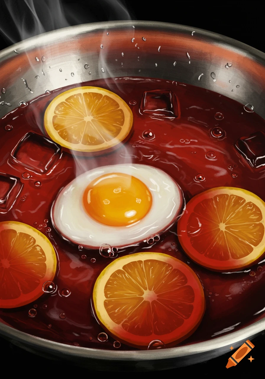A sunny-side-up egg poaching in a pan of red liquid with lemon slices and ice cubes, with steam rising.