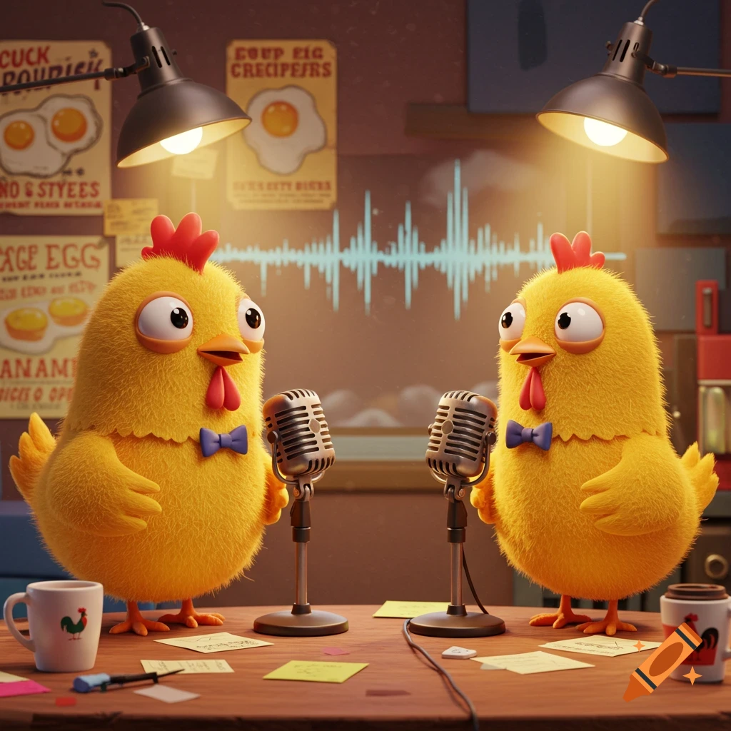 Two fluffy cartoon yellow chickens with bow ties sit at a table with microphones, hosting a podcast.