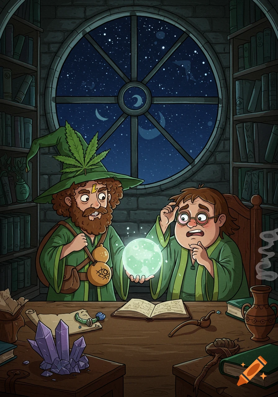 Two cartoon wizards, one with a cannabis leaf hat, examine a glowing orb in a castle tower at night.