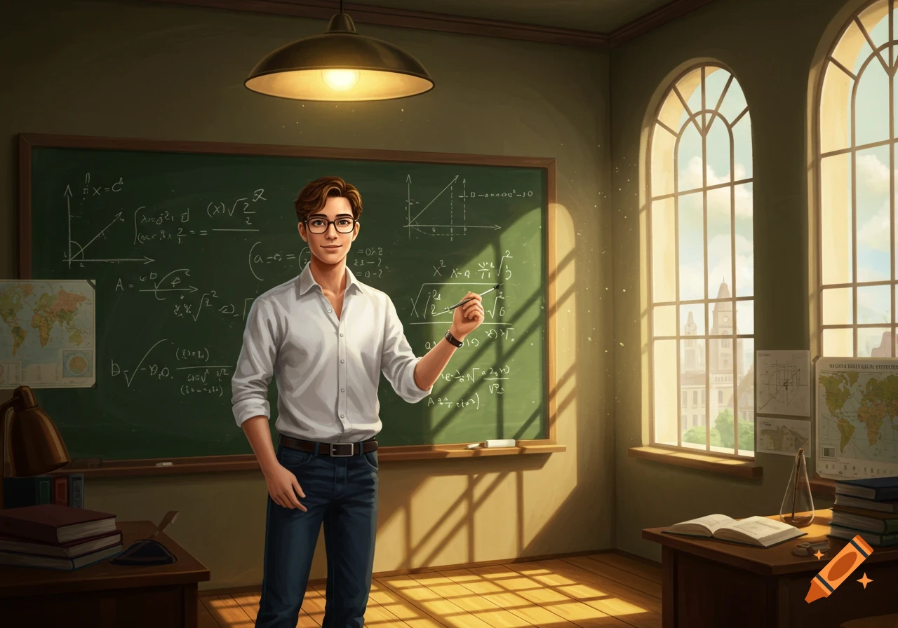 A young male instructor wearing glasses and a white shirt stands in a sunlit classroom in front of a chalkboard filled with equations.