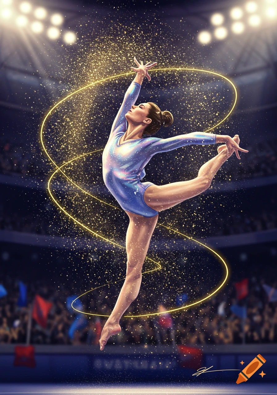 An illustration of a female gymnast in a shimmering leotard, mid-air in a graceful pose, surrounded by golden sparkles and light trails in a dark stadium.