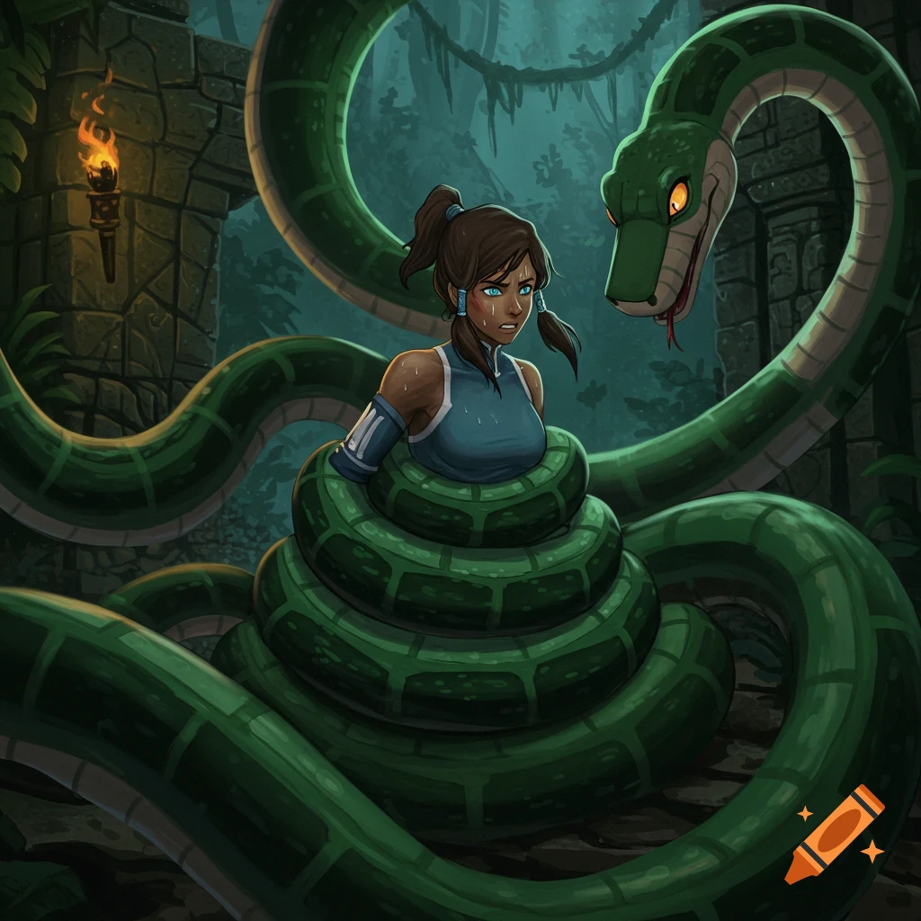 Korra, a woman in a blue top, is tightly constricted by a large green snake in an ancient jungle ruin with a lit torch.