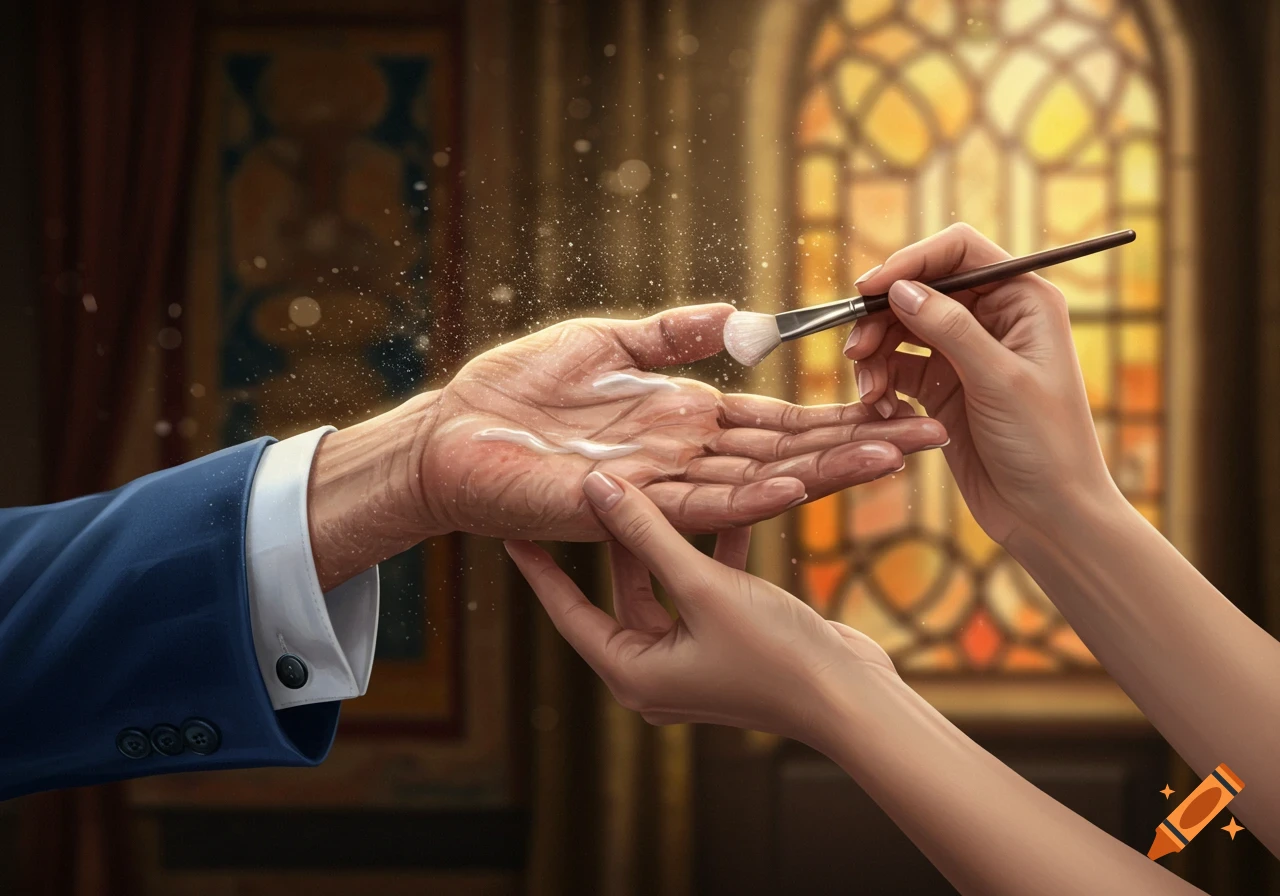 A younger hand uses a makeup brush to apply covering makeup to the bruised, wrinkled hand of an elderly person, in a fantasy art style with a stained glass window background.