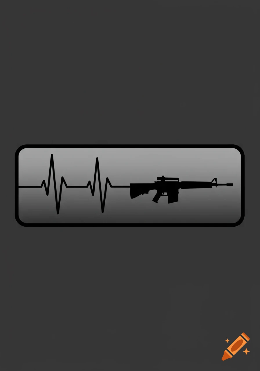A black silhouette of a rifle extends from a heartbeat EKG line on a gray rectangular patch.