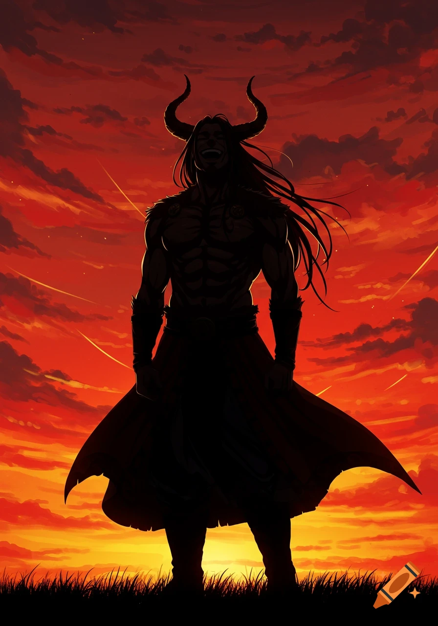 A muscular, long-haired silhouette with horns stands against a vibrant red and gold sunset, in anime style.