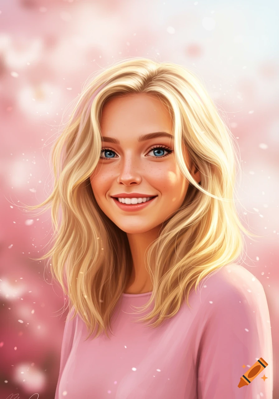 Digital art portrait of a smiling young woman with bright blonde hair, blue eyes, and a pink top against a blurry pink background.